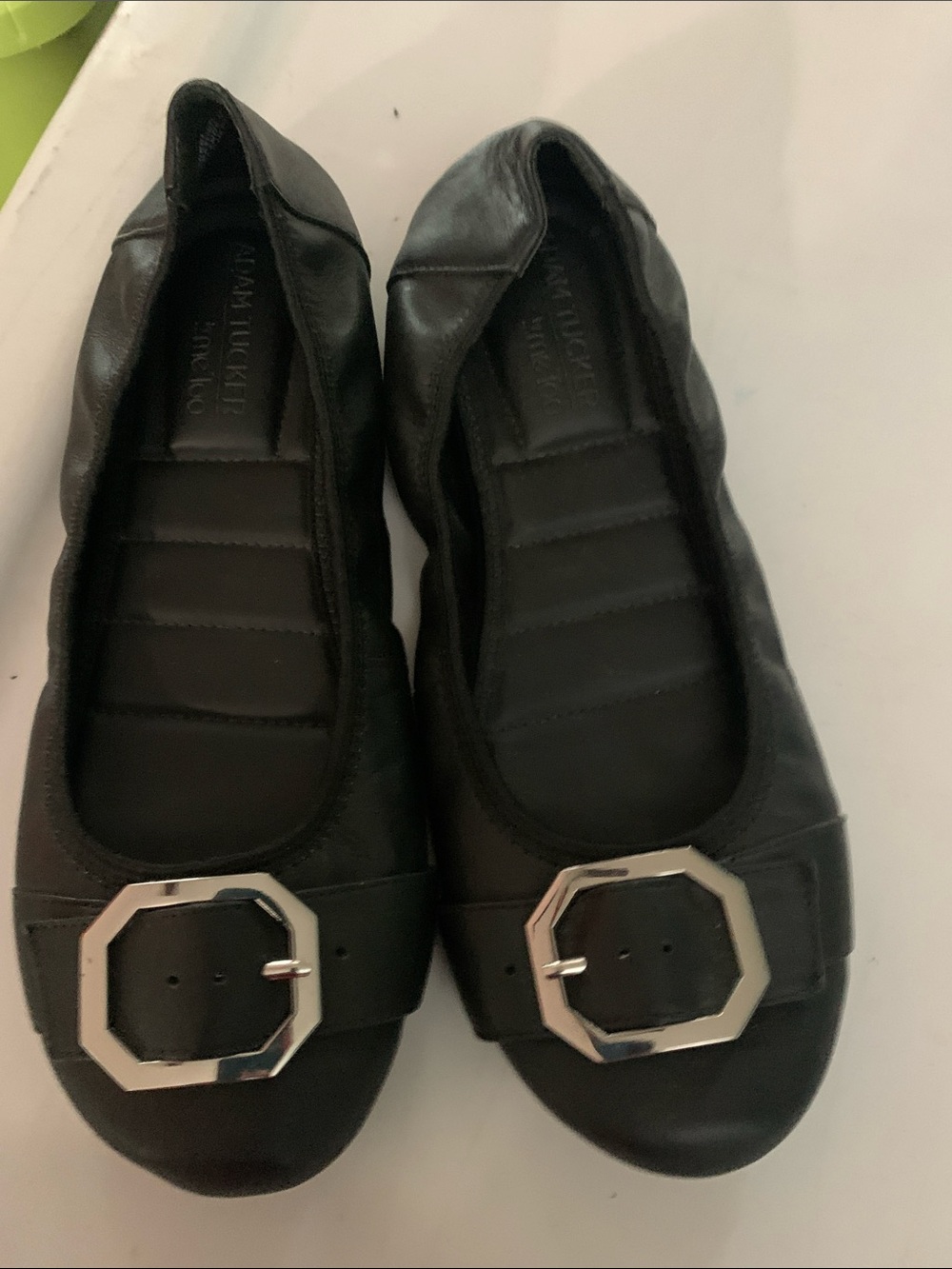 Adam tucker Women’s Black Leather Ballet Flats with Silver Buckle